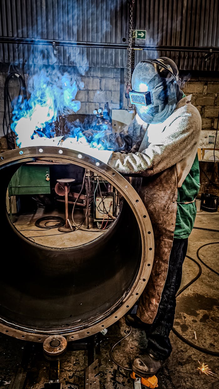 Mastering the First Impression: Your intriguing post title goes here A welder engaged in a welding process inside a factory in Brazil. Sparks and smoke illustrate a dynamic industrial scene.