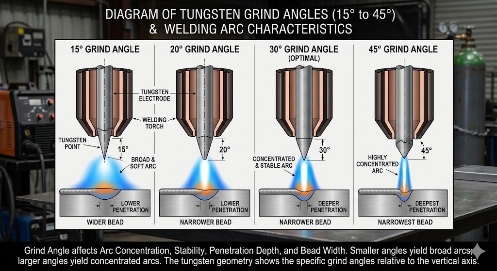 Diagram of tungsten grind angles 15 to 45 degrees welding arc