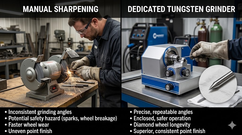 Comparison between tungsten grinder and manual sharpening methods for TIG welding
