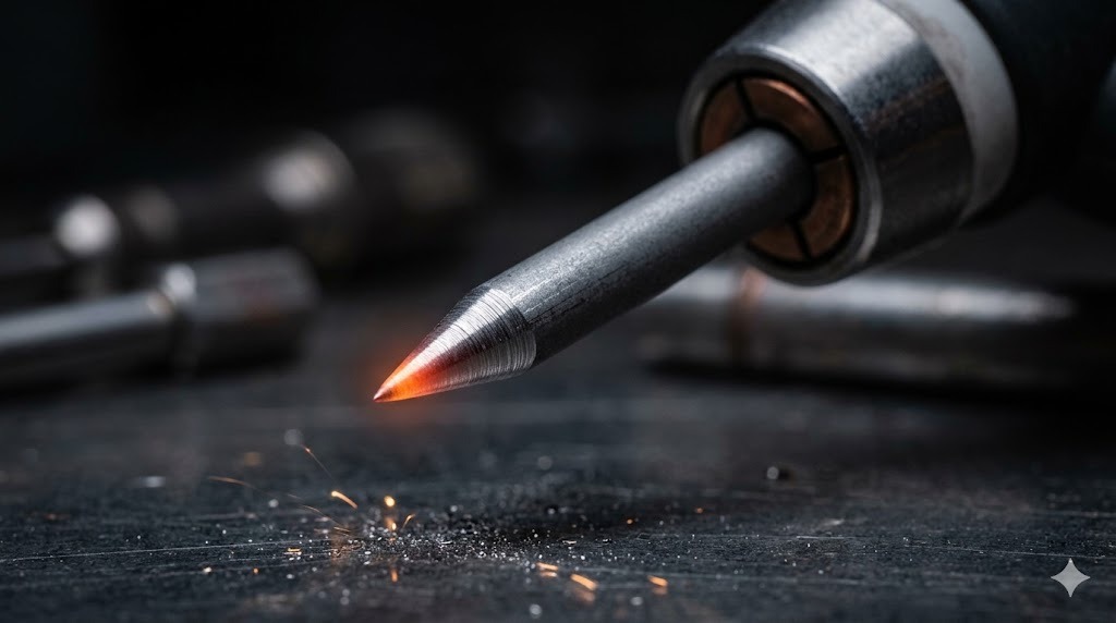 Close-up macro of sharpened tungsten electrode tip for precision TIG welding