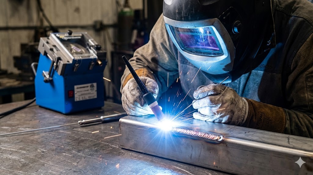 TIG welder with stable blue welding arc creating clean weld bead on metal