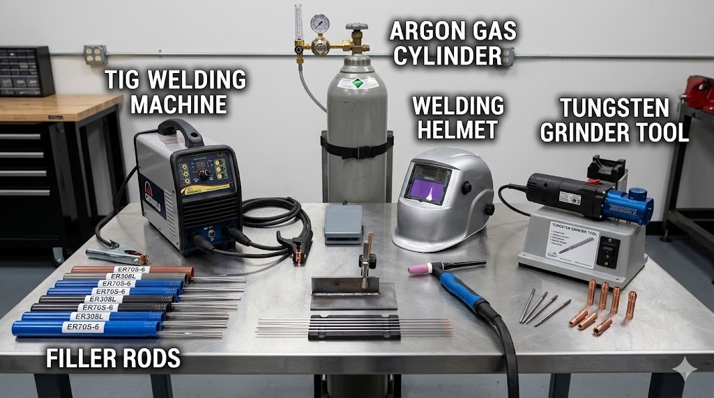 Complete TIG welding beginner setup with tools, helmet, and equipment on workbench
